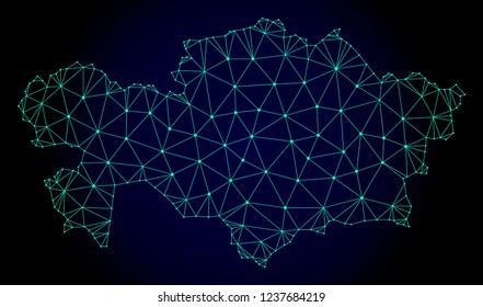 Polygonal mesh map of Kazakhstan. Abstract mesh lines, triangles and points on dark background with map of Kazakhstan. Wire frame 2D polygonal line network in vector format on a dark blue background.