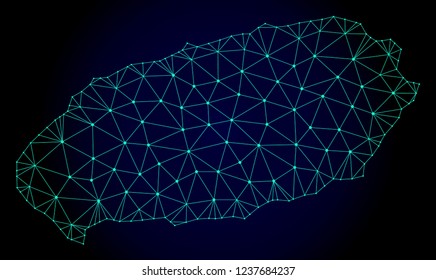 Polygonal mesh map of Korean Jeju Island. Abstract mesh lines, triangles and points on dark background with map of Korean Jeju Island.