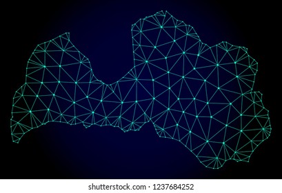 Polygonal mesh map of Latvia. Abstract mesh lines, triangles and points on dark background with map of Latvia. Wire frame 2D polygonal line network in vector format on a dark blue background.