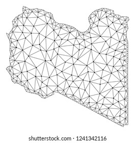 Polygonal mesh map of Libya in black color. Abstract mesh lines, triangles and points with map of Libya. Wire frame 2D polygonal line network in vector format. Carcass model for political posters.
