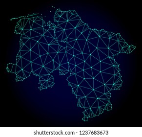 Polygonal mesh map of Lower Saxony State. Abstract mesh lines, triangles and points on dark background with map of Lower Saxony State.