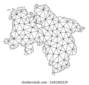 Polygonal mesh map of Lower Saxony State in black color. Abstract mesh lines, triangles and points with map of Lower Saxony State. Wire frame 2D polygonal line network in vector format.
