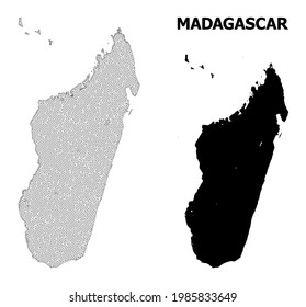 Mapa de malla poligonal de la isla de Madagascar en alta resolución. Líneas de malla, triángulos y puntos forman un mapa de la isla de Madagascar.