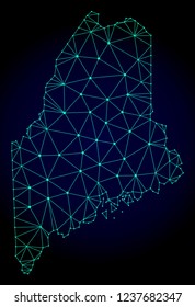 Polygonal mesh map of Maine State. Abstract mesh lines, triangles and points on dark background with map of Maine State.