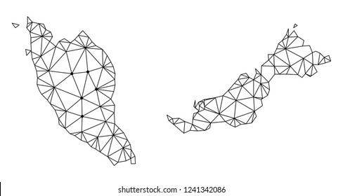 Polygonal mesh map of Malaysia in black color. Abstract mesh lines, triangles and points with map of Malaysia. Wire frame 2D polygonal line network in vector format.