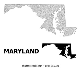Polygonale Maschenkarte des Maryland-Staates in hoher Detailauflösung. Maschenlinien, Dreiecke und Punkte bilden eine Karte des Maryland-Staates.