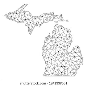Polygonal mesh map of Michigan State in black color. Abstract mesh lines, triangles and points with map of Michigan State. Wire frame 2D polygonal line network in vector format.