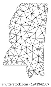 Polygonal mesh map of Mississippi State in black color. Abstract mesh lines, triangles and points with map of Mississippi State. Wire frame 2D polygonal line network in vector format.