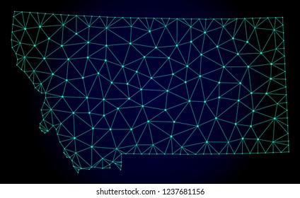 Polygonal mesh map of Montana State. Abstract mesh lines, triangles and points on dark background with map of Montana State.