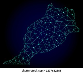 Polygonal mesh map of Morocco. Abstract mesh lines, triangles and points on dark background with map of Morocco. Wire frame 2D polygonal line network in vector format on a dark blue background.