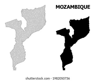 Polygonal mesh map of Mozambique in high detail resolution. Mesh lines, triangles and dots form map of Mozambique.