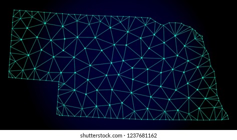 Polygonal mesh map of Nebraska State. Abstract mesh lines, triangles and points on dark background with map of Nebraska State.