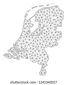 Polygonal mesh map of Netherlands in black color. Abstract mesh lines, triangles and points with map of Netherlands. Wire frame 2D polygonal line network in vector format.
