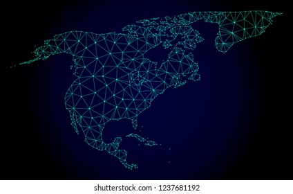 Polygonal mesh map of North America and Greenland. Abstract mesh lines, triangles and points on dark background with map of North America and Greenland.