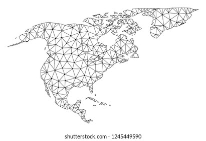 Polygonal mesh map of North America and Greenland in black color. Abstract mesh lines, triangles and points with map of North America and Greenland.