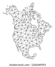 Polygonal mesh map of North America in black color. Abstract mesh lines, triangles and points with map of North America. Wire frame 2D polygonal line network in vector format.