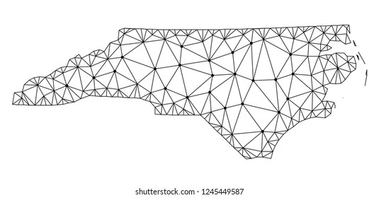 Polygonal mesh map of North Carolina State in black color. Abstract mesh lines, triangles and points with map of North Carolina State. Wire frame 2D polygonal line network in vector format.