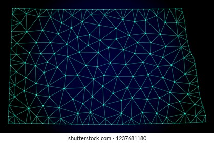 Polygonal mesh map of North Dakota State. Abstract mesh lines, triangles and points on dark background with map of North Dakota State.