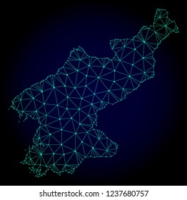 Polygonal mesh map of North Korea. Abstract mesh lines, triangles and points on dark background with map of North Korea.