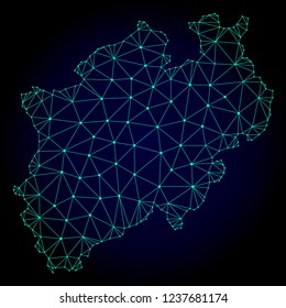 Polygonal mesh map of North Rhine-Westphalia State. Abstract mesh lines, triangles and points on dark background with map of North Rhine-Westphalia State.