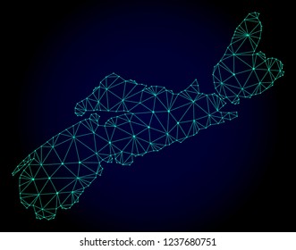 Polygonal mesh map of Nova Scotia Province. Abstract mesh lines, triangles and points on dark background with map of Nova Scotia Province.