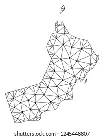 Polygonal mesh map of Oman in black color. Abstract mesh lines, triangles and points with map of Oman. Wire frame 2D polygonal line network in vector format. Carcass model for political posters.