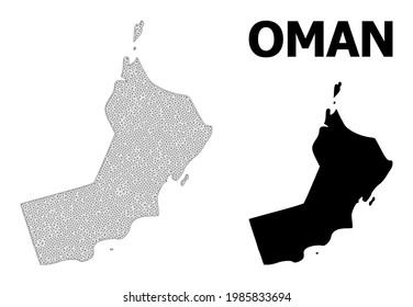 Polygonal mesh map of Oman in high resolution. Mesh lines, triangles and dots form map of Oman. High resolution wire frame carcass polygonal line network in vector format on a white background.