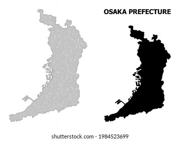 Mapa de malla poligonal de la prefectura de Osaka en alta resolución. Líneas de malla, triángulos y puntos forman un mapa de la prefectura de Osaka.
