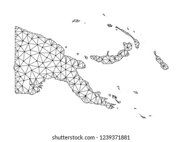 Polygonal mesh map of Papua New Guinea. Abstract mesh lines, triangles and points with map of Papua New Guinea. Vector wire frame 2D polygonal line network in black color.