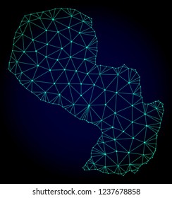 Polygonal mesh map of Paraguay. Abstract mesh lines, triangles and points on dark background with map of Paraguay. Wire frame 2D polygonal line network in vector format on a dark blue background.