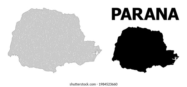 Mapa de malla poligonal del estado de Paraná en alta resolución. Líneas de malla, triángulos y puntos forman un mapa del estado de Paraná.