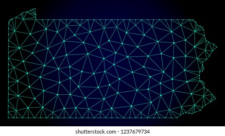 Polygonal mesh map of Pennsylvania State. Abstract mesh lines, triangles and points on dark background with map of Pennsylvania State.