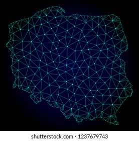 Polygonal mesh map of Poland. Abstract mesh lines, triangles and points on dark background with map of Poland. Wire frame 2D polygonal line network in vector format on a dark blue background.