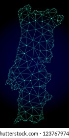 Polygonal mesh map of Portugal. Abstract mesh lines, triangles and points on dark background with map of Portugal. Wire frame 2D polygonal line network in vector format on a dark blue background.