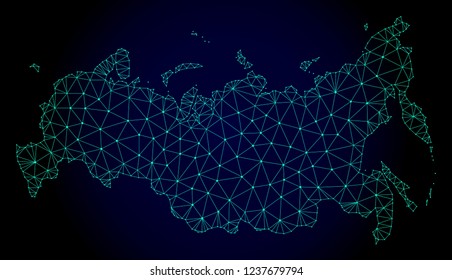 Polygonal mesh map of Russia. Abstract mesh lines, triangles and points on dark background with map of Russia. Wire frame 2D polygonal line network in vector format on a dark blue background.