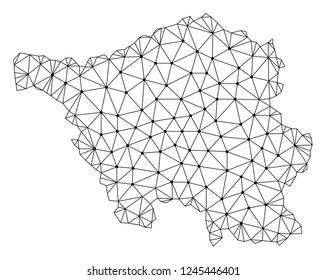 Polygonal mesh map of Saarland State in black color. Abstract mesh lines, triangles and points with map of Saarland State. Wire frame 2D polygonal line network in vector format.
