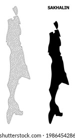 Polygonal mesh map of Sakhalin Island in high detail resolution. Mesh lines, triangles and dots form map of Sakhalin Island.