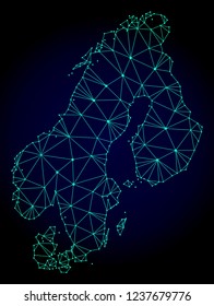 Polygonal mesh map of Scandinavia. Abstract mesh lines, triangles and points on dark background with map of Scandinavia.