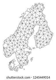 Polygonal mesh map of Scandinavia in black color. Abstract mesh lines, triangles and points with map of Scandinavia. Wire frame 2D polygonal line network in vector format.