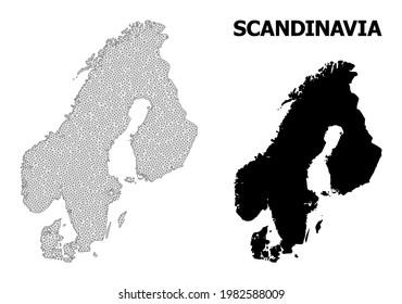 Polygonale Maschenkarte Skandinaviens in hoher Auflösung. Mesh-Linien, Dreiecke und Punkte bilden eine Karte Skandinaviens.