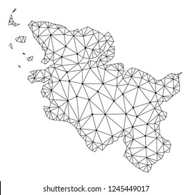 Polygonal mesh map of Schleswig-Holstein State in black color. Abstract mesh lines, triangles and points with map of Schleswig-Holstein State. Wire frame 2D polygonal line network in vector format.