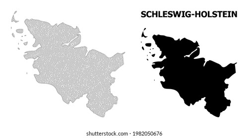 Mapa de malla poligonal del estado de Schleswig-Holstein en alta resolución. Líneas de malla, triángulos y puntos forman un mapa del estado de Schleswig-Holstein.