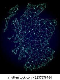 Polygonal mesh map of Scotland. Abstract mesh lines, triangles and points on dark background with map of Scotland. Wire frame 2D polygonal line network in vector format on a dark blue background.