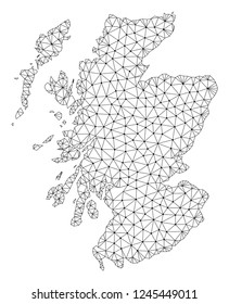 Polygonal mesh map of Scotland in black color. Abstract mesh lines, triangles and points with map of Scotland. Wire frame 2D polygonal line network in vector format.