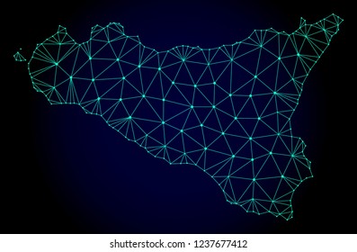 Polygonal mesh map of Sicilia Island. Abstract mesh lines, triangles and points on dark background with map of Sicilia Island.