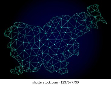 Polygonal mesh map of Slovenia. Abstract mesh lines, triangles and points on dark background with map of Slovenia. Wire frame 2D polygonal line network in vector format on a dark blue background.