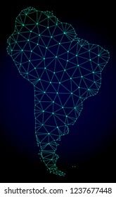 Polygonal mesh map of South America. Abstract mesh lines, triangles and points on dark background with map of South America.