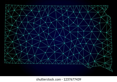 Polygonal mesh map of South Dakota State. Abstract mesh lines, triangles and points on dark background with map of South Dakota State.