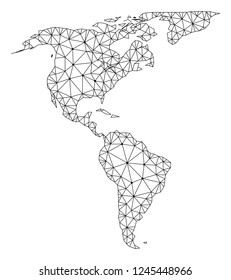 Polygonal mesh map of South and North America in black color. Abstract mesh lines, triangles and points with map of South and North America. Wire frame 2D polygonal line network in vector format.