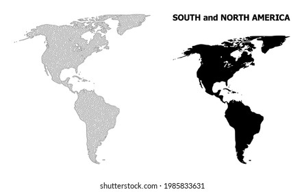 Mapa de malla poligonal de América del Sur y del Norte en alta resolución. Líneas de malla, triángulos y puntos forman un mapa de América del Sur y del Norte.